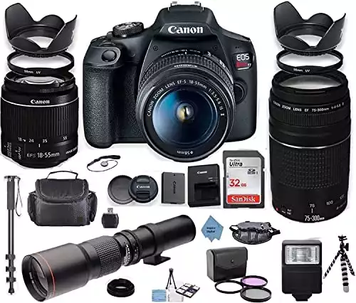 Canon EOS Rebel 2000D DSLR Camera with 18-55mm is II Lens Bundle + Canon EF 75-300mm f/4-5.6 III Lens and 500mm Preset Lens + 32GB Memory + Filters + Monopod + Professional Bundle + Inspire Digi Cloth